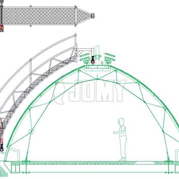 CAD-plan van een draaiende aluminiumstructuur voor het onderhoud van een glazen koepel - Building Maintenance Unit