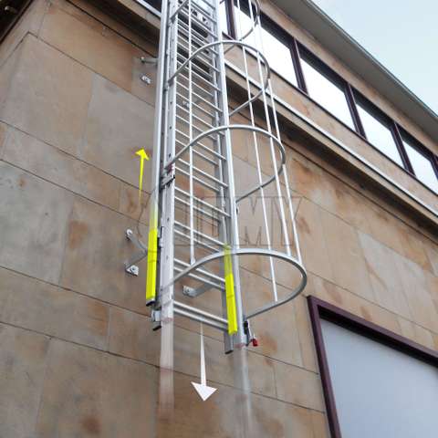 Cage ladder with drop-down base element: bottom flight(s) of rungs slides down when opened. Movement is balanced out by counter-weights.