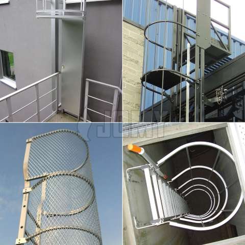 Cage ladders from JOMY benefit from many options, including: safety doors, integrated lifeline, RAL color powder coating, custom made to specs etc.
