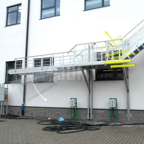 Counterbalanced fire escape stairs with prolonged stringers.