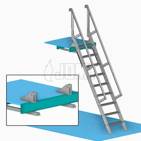 Echelle à marches fixée sur une mezzanine Dessin des fixations spéciales pour le placement d'une échelle à marches sur une mezzanine.