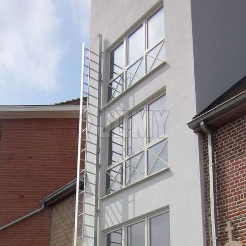 JOMY fire escape foldout ladder installed on the facade of a 3 storey building.
