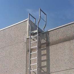 Wall-mounted fixed ladder used to access a roof and equipped with a platform for parapet crossing.