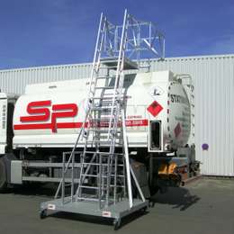 Mobile ladder and platform for accessing truck loads -tanker trucks and manholes.