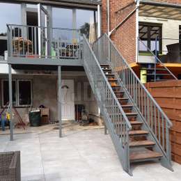 Industrial stairs with hard wood steps and terrace deck.