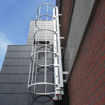 JOMY Caged aluminum ladders are fixed ladder forseen of safety hoops as prescribed by regulators. Our safety cage is also made in anodised aluminum and has a very clean and straight look beside of being strong and thrustworthy. This is the ideal fire ladd JOMY fire escape ladder. The most economic ladder is the fixed ladder with safety hoops according to regulations. For more then 40 years JOMY makes those ladders and adapts them to each specific situation.
