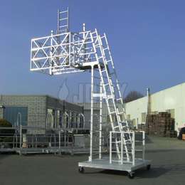 Mobile ladder platform and drop-down ladder for accessing garbage truck loads.