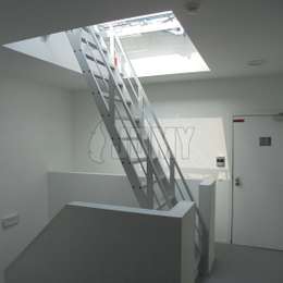 Aluminium ship ladder used to access a flat roof via a Velux light dome.