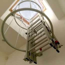 Skydome drop-down ladder with cage and drop-down flight