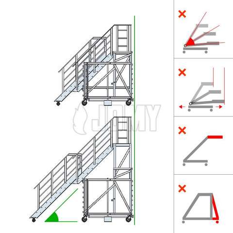 Drawing of JOMY's telescopic height adjustable platform in the low and heigh position both showing a similar stair slope angle.