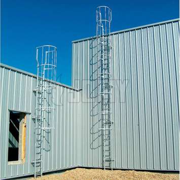 JOMY Caged aluminum ladders are fixed ladder forseen of safety hoops as prescribed by regulators. Our safety cage is also made in anodised aluminum and has a very clean and straight look beside of being strong and thrustworthy. This is the ideal fire ladd JOMY fire escape ladder. The most economic ladder is the fixed ladder with safety hoops according to regulations. For more then 40 years JOMY makes those ladders and adapts them to each specific situation.