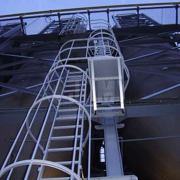 JOMY Caged aluminum ladders are fixed ladder forseen of safety hoops as prescribed by regulators. Our safety cage is also made in anodised aluminum and has a very clean and straight look beside of being strong and thrustworthy. This is the ideal fire ladd JOMY fire escape ladder. The most economic ladder is the fixed ladder with safety hoops according to regulations. For more then 40 years JOMY makes those ladders and adapts them to each specific situation.